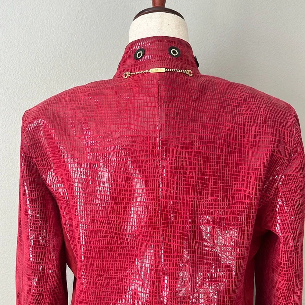 St John Couture Red Embossed Leather Jacket Grommet‎ Moto Zip SZ 6-8